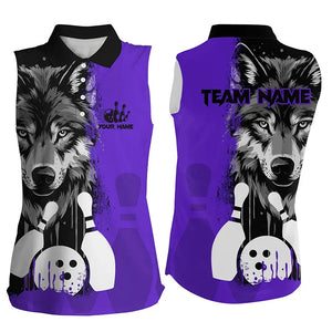 Black and Purple Wolf Bowling sleeveless polo Shirts For Women Custom Bowling Team League Jerseys NQS8993