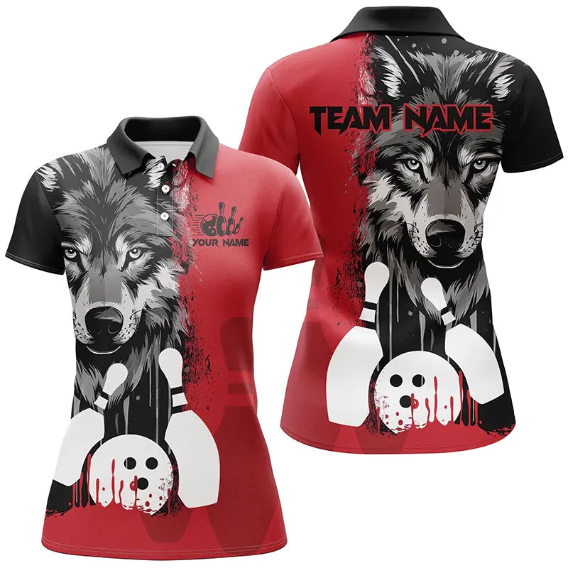 Black and Red Wolf Bowling Polo, Quarter Zip Shirts For Women Custom Bowling Team League Jerseys NQS8994