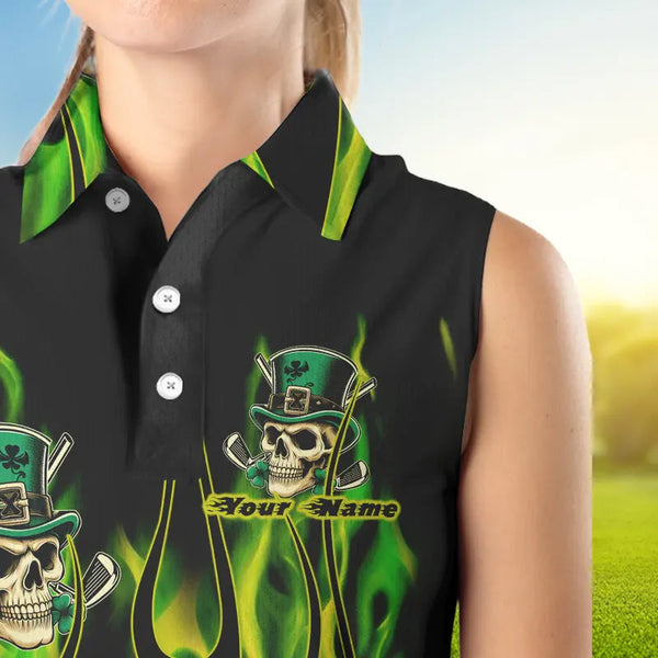 Women sleeveless polos Green clover skull St Patrick's Day golf shirts custom green fire golf apparel NQS7055