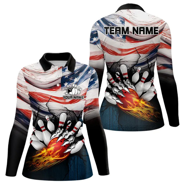American flag Flame Bowling Polo, Quarter Zip shirts For Women custom patriotic bowling team jersey NQS9416