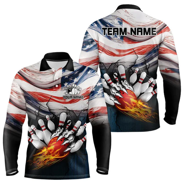 American flag Flame Bowling Polo, Quarter Zip shirts For Men custom patriotic bowling team jersey NQS9416