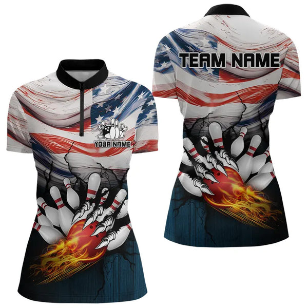 American flag Flame Bowling Polo, Quarter Zip shirts For Women custom patriotic bowling team jersey NQS9416