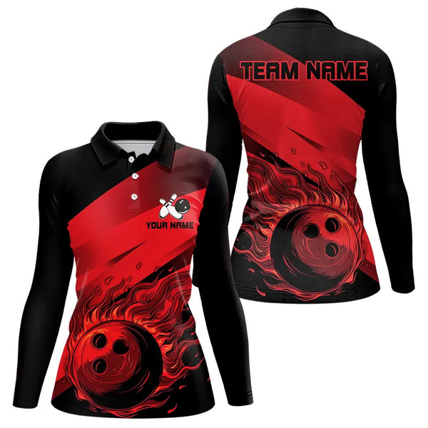 Black and Red Flame Bowling Shirts For Women Custom Flame Team Bowling Jerseys NQS9420