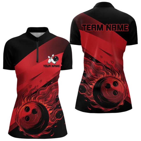 Black and Red Flame Bowling Shirts For Women Custom Flame Team Bowling Jerseys NQS9420