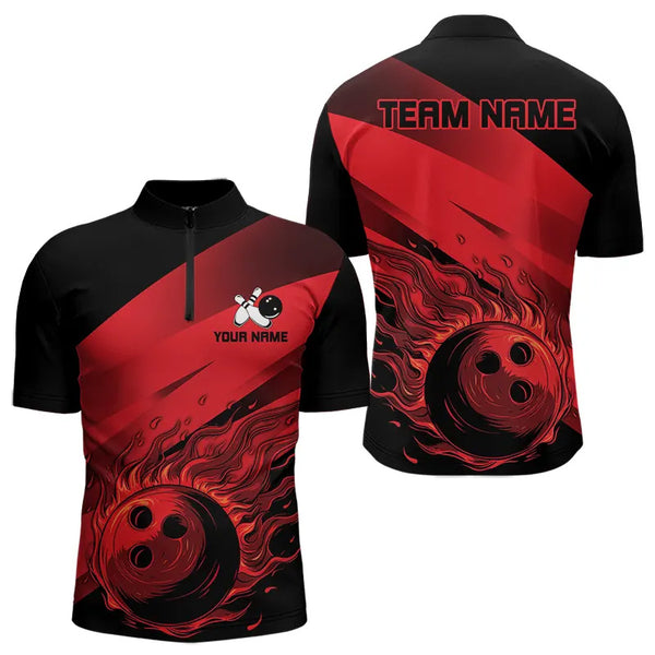 Black and Red Flame Bowling Shirts For Men Custom Flame Team Bowling Jerseys NQS9420