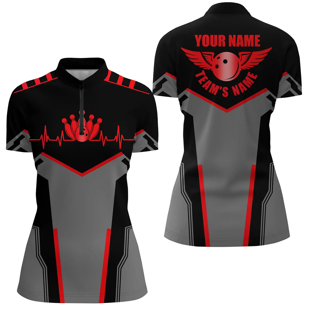 Bowling shirts for women custom name and team name Bowling Ball and Pins Quarter Zip Shirts | Red NQS4764