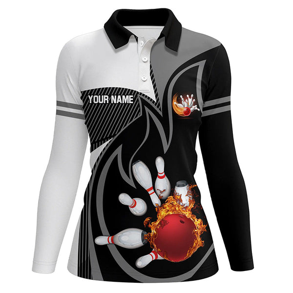 Black and White Bowling polo Shirt for women Custom red flame team bowling ball and pins Jerseys NQS7172