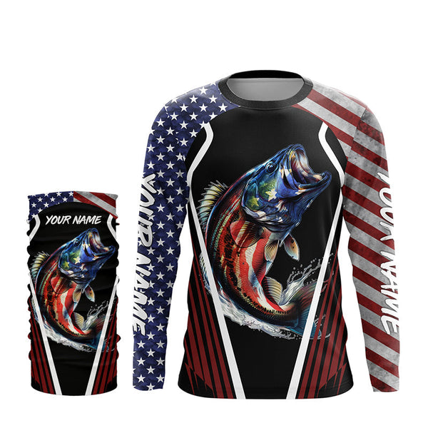 Largemouth Bass fishing American flag Custom UV protection performance long sleeve fishing shirts NQS7173