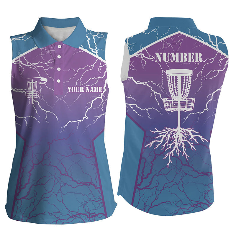 Blue purple Women sleeveless polo shirts lightning thunder custom disc golf jersey, Disc golf shirt NQS7318