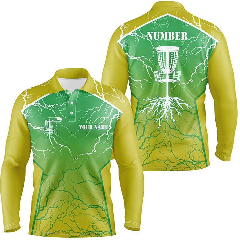 Yellow green Mens Disc golf polo shirt lightning thunder custom disc golf jerseys, disc golf shirt NQS7319