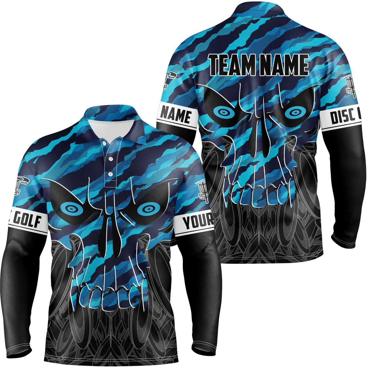Blue camo Mens Disc golf polo shirts custom skull disc golf jerseys, disc golf shirts NQS7320