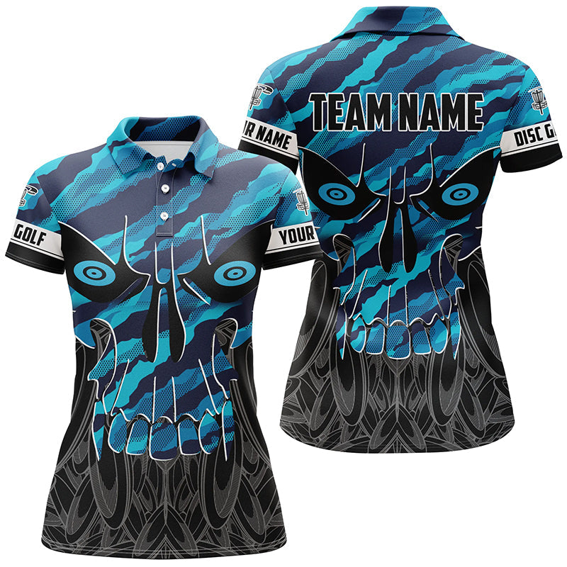 Blue camo Womens Disc golf polo shirts custom skull disc golf jerseys, disc golf shirts NQS7320