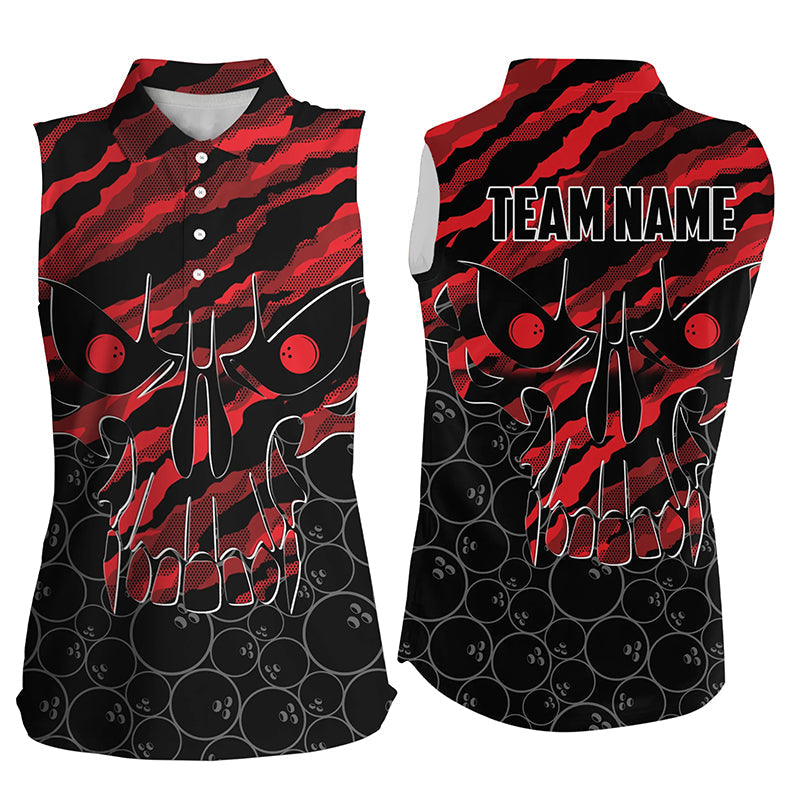 Personalized Skull Bowling sleeveless polo Shirt for women Custom Team's Name Red camo Bowler Jerseys NQS7321