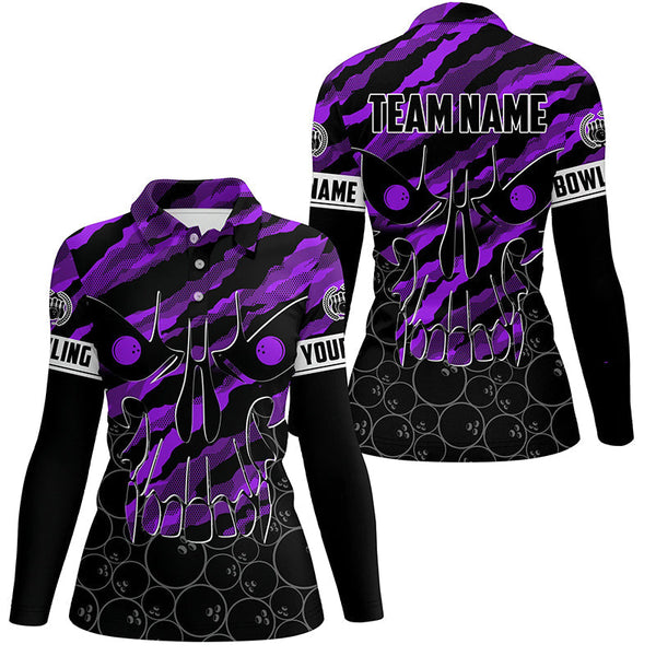 Personalized Skull Bowling polo Shirt for women Custom Team's Name Purple camo Bowler Jerseys NQS7322