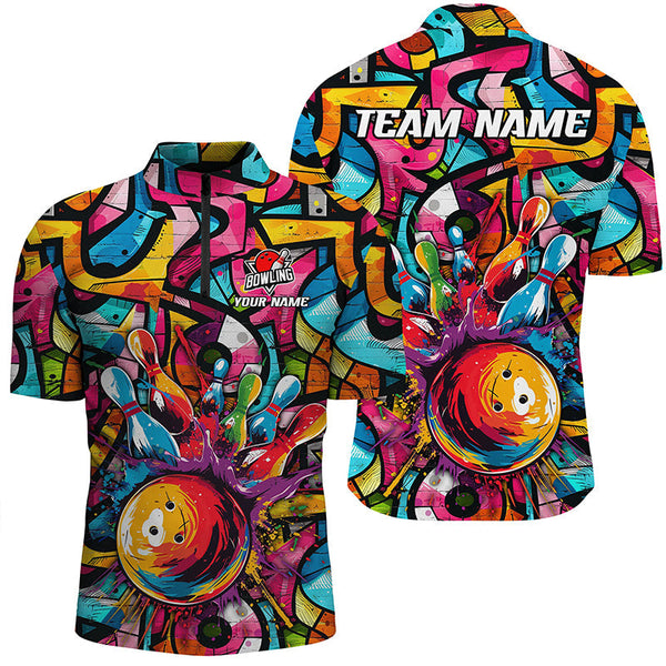 Colorful Graffiti pattern Mens Bowling polo, quarter zip shirt Custom Bowling Team League Jerseys NQS7664