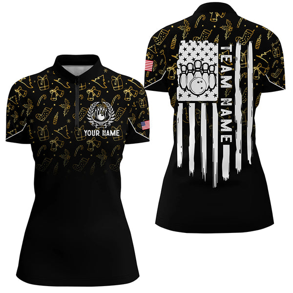 Womens bowling shirt Custom Gold Christmas pattern American flag patriotic bowling team jerseys NQS8756