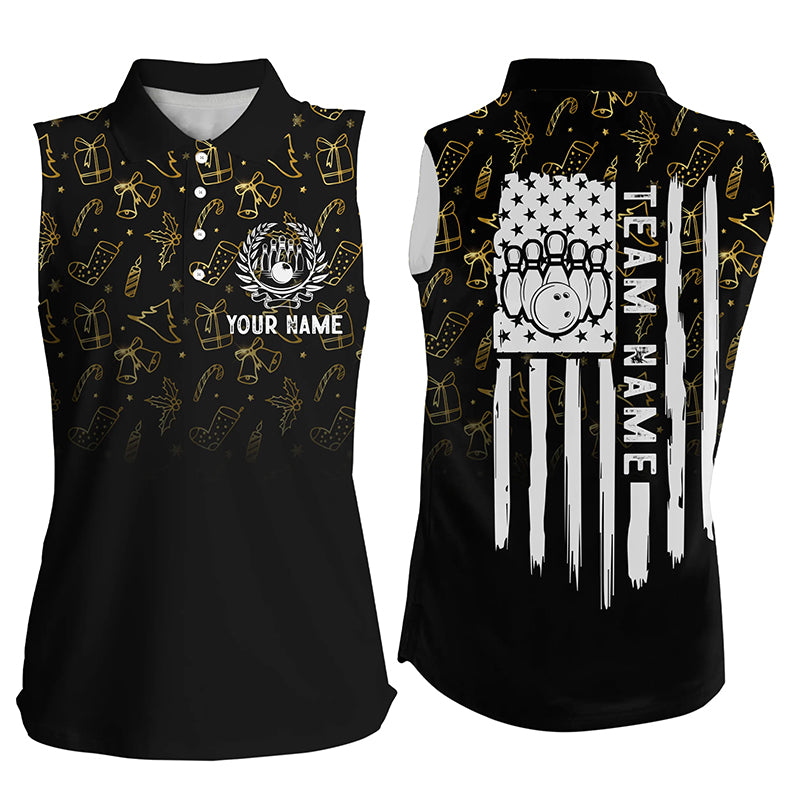 Women Sleeveless Polos Custom Gold Christmas pattern American flag patriotic bowling team jerseys NQS8756