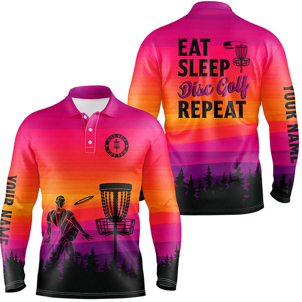 Gradient pattern Mens Disc golf polo shirts custom Eat sleep Disc golf repeat disc golf jerseys NQS8999