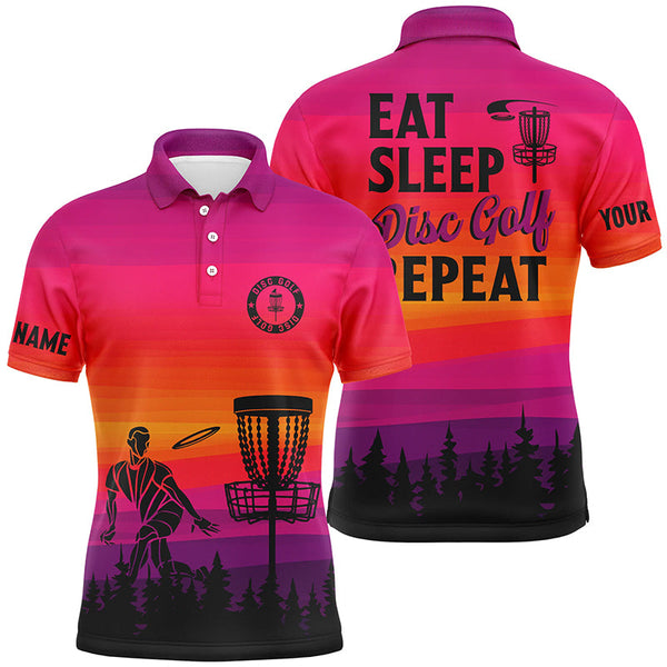 Gradient pattern Mens Disc golf polo shirts custom Eat sleep Disc golf repeat disc golf jerseys NQS8999
