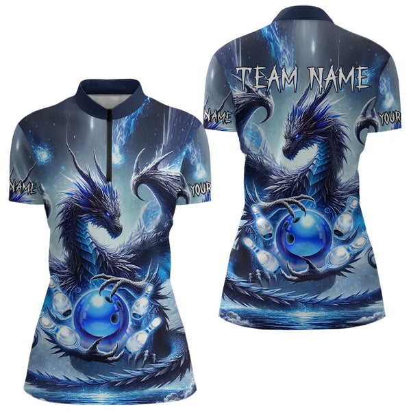 Personalized Blue Lights Dragon Women Bowling Polo, Quarter Zip Shirts Custom Team Bowling Jerseys NQS9234