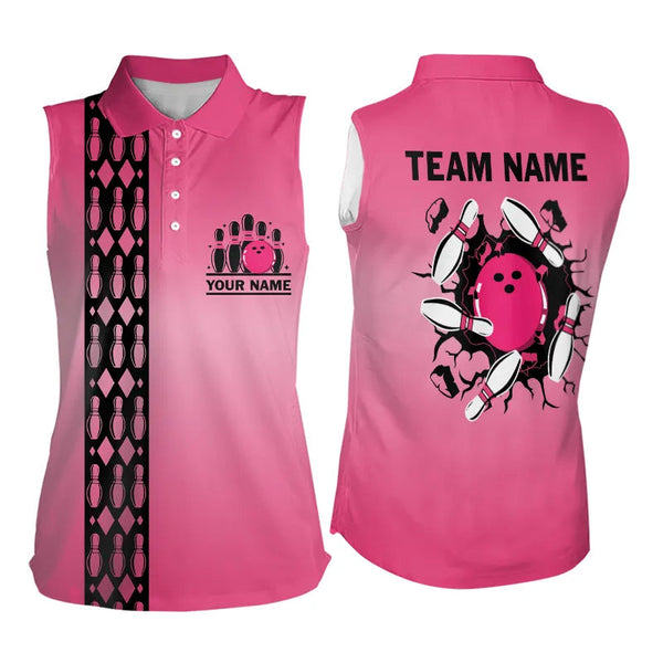 Personalized Black and Pink Retro Bowling Sleeveless Polo Team Shirts For Women Bowling Gifts NQS9422