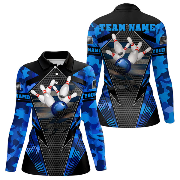 Blue Camo Bowling Polo, Quarter Zip Shirt For Women Custom Bowling Team League Jerseys NQS9733