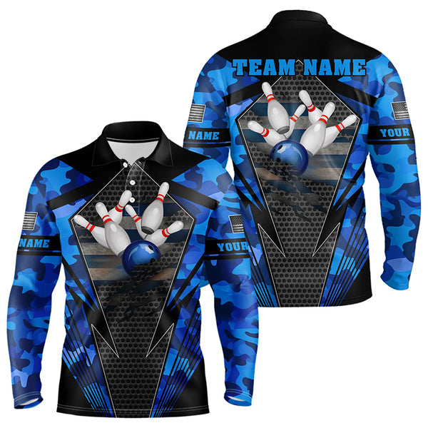 Blue Camo Bowling Polo, Quarter Zip Shirt For Men Custom Bowling Team League Jerseys NQS9733
