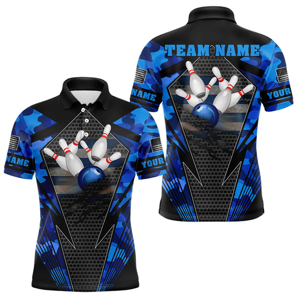 Blue Camo Bowling Polo, Quarter Zip Shirt For Men Custom Bowling Team League Jerseys NQS9733