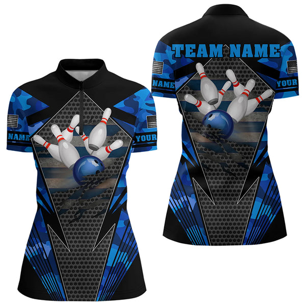Blue Camo Bowling Polo, Quarter Zip Shirt For Women Custom Bowling Team League Jerseys NQS9733