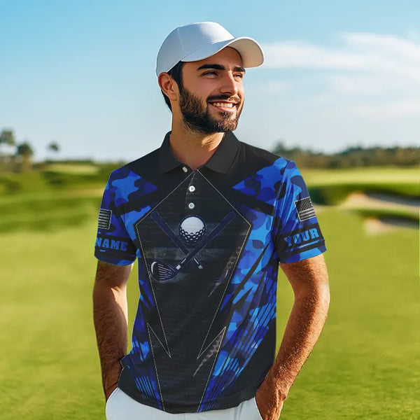 Blue Camo Golf Polo Shirts For Men Custom best mens golf wear, golfing gifts NQS9734