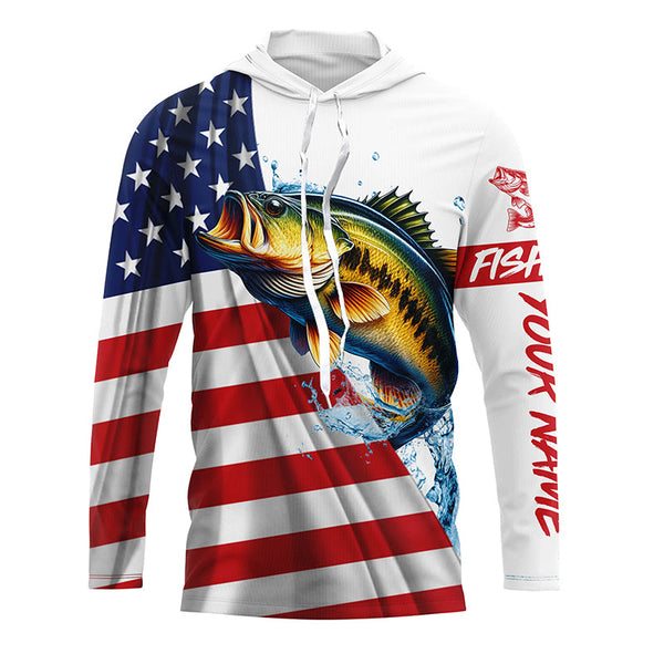 American flag patriotic largemouth bass fishing Custom Name 3D UV Protection long sleeve Fishing Shirt NQS5304