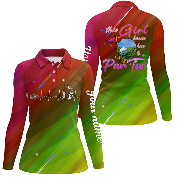Colorful gradient Womens golf polo shirt custom this girl knows how to par tee, golf gifts for girl NQS5527