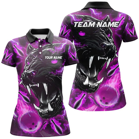 Purple Flame Panther Bowling Polo, Quarter Zip Shirts For Women Custom Bowling Team League Jerseys NQS8773