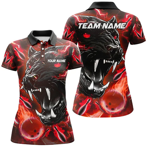 Red Flame Panther Bowling Polo, Quarter Zip Shirts For Women Custom Bowling Team League Jerseys NQS8774