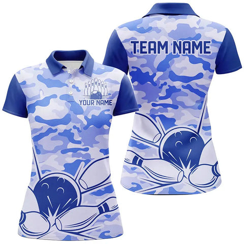 Blue Camo Bowling Polo, 1/4 Zip Shirts For Women Custom Bowling Team League Jerseys, Gift For Bowlers NQS8776