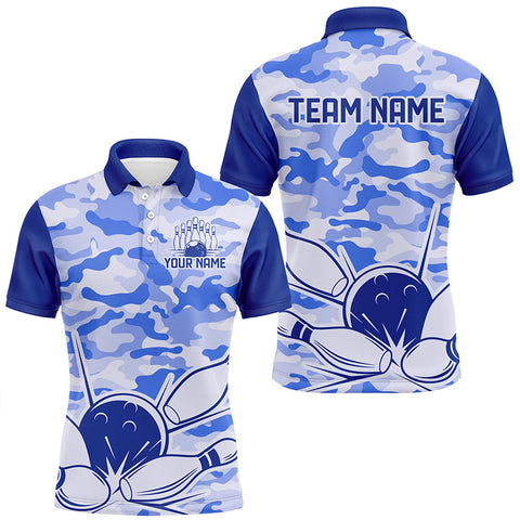 Blue Camo Bowling Polo, 1/4 Zip Shirts For Men Custom Bowling Team League Jerseys, Gift For Bowlers NQS8776