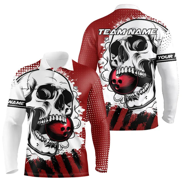 Personalized Skull Bowling Polo, Quarter Zip Shirts For Men Custom Team Bowling League Jerseys | Red NQS9246