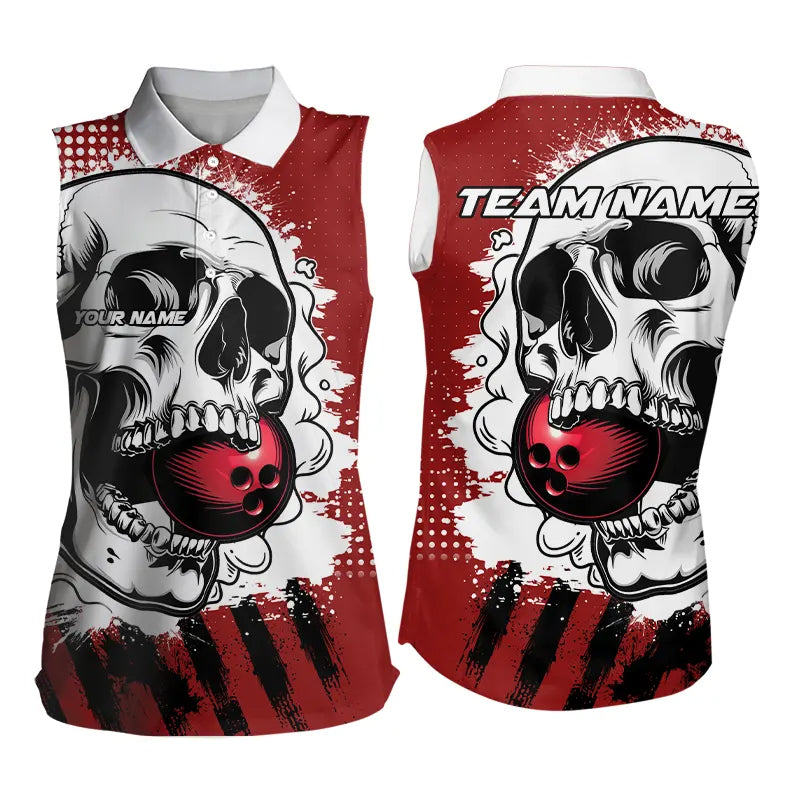 Personalized Skull Bowling Sleeveless Polo Shirts Custom Team Bowling League Jerseys | Red NQS9246