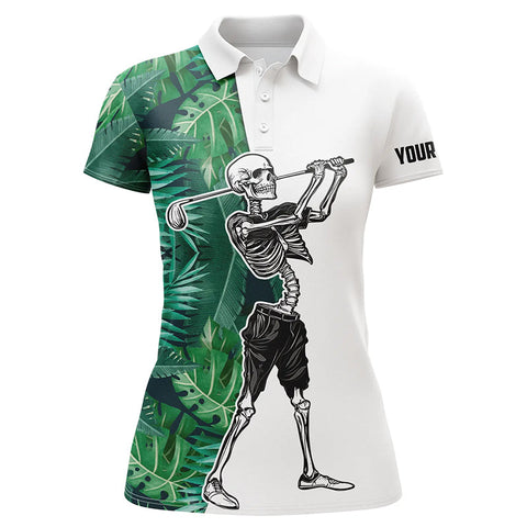 Skull womens golf polo shirts tropical green leaves pattern custom Skull playing golf apparel NQS4773