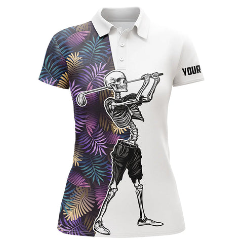 Skull womens golf polo shirts colorful tropical leaves pattern custom Skull playing golf apparel NQS4774