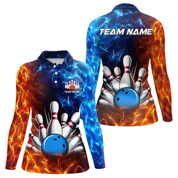 Custom Blue and Orange Flame Bowling Polo, Quarter Zip Shirts For Women, Bowling Team Jerseys NQS9592