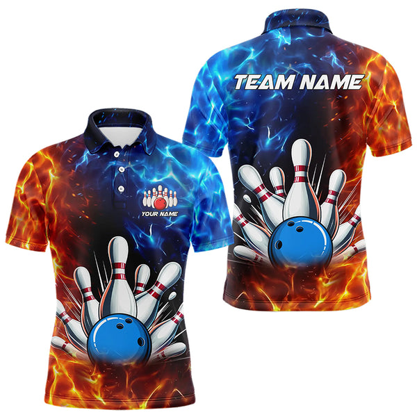 Custom Blue and Orange Flame Bowling Polo, Quarter Zip Shirts For Men, Bowling Team Jerseys NQS9592