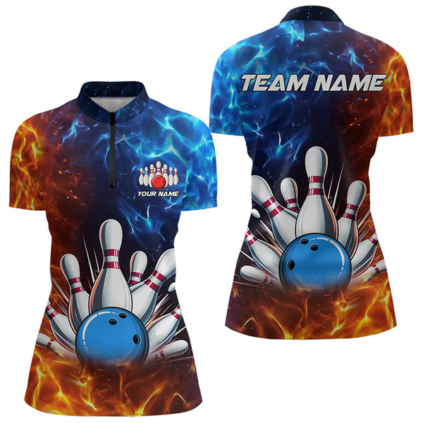 Custom Blue and Orange Flame Bowling Polo, Quarter Zip Shirts For Women, Bowling Team Jerseys NQS9592