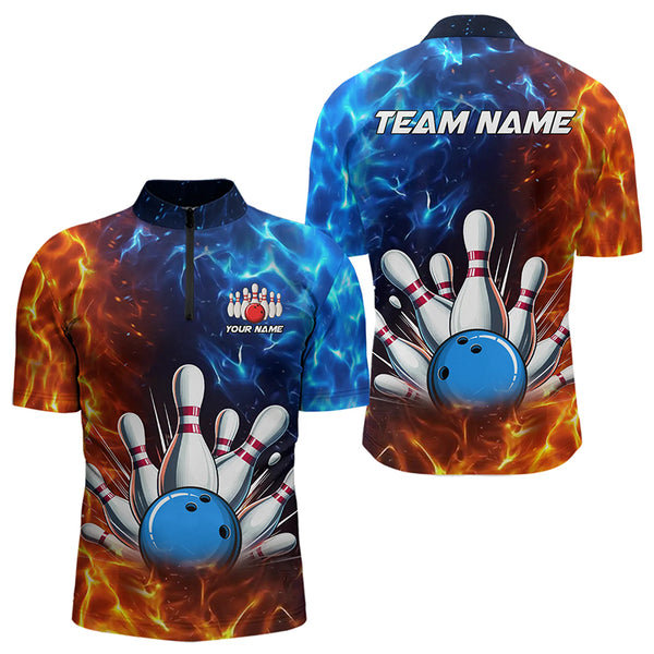 Custom Blue and Orange Flame Bowling Polo, Quarter Zip Shirts For Men, Bowling Team Jerseys NQS9592