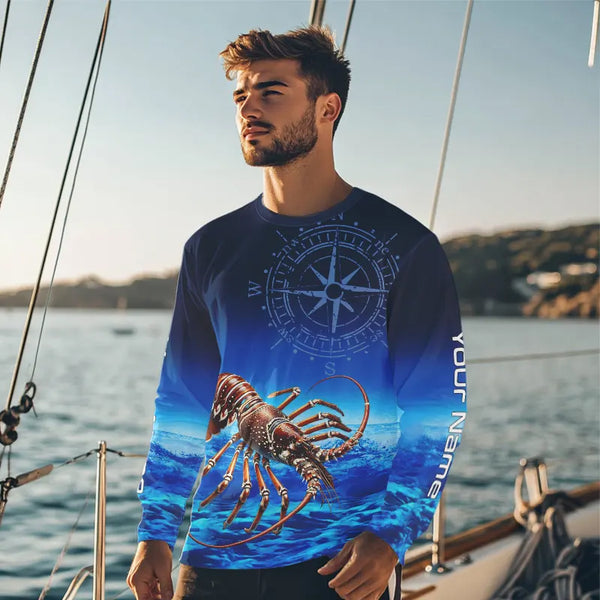 Personalized Florida Spiny Lobster Blue Performance Fishing Shirt, compass Lobster tournament Shirts NQS9735