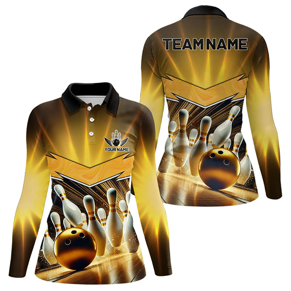 Custom Name Black And Gold Bowling Jerseys For Women, Bowling Team Polo, Quarter-Zip Shirts NQS9745