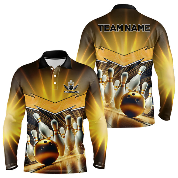 Custom Name Black And Gold Bowling Jerseys For Men, Bowling Team Polo, Quarter-Zip Shirts NQS9745
