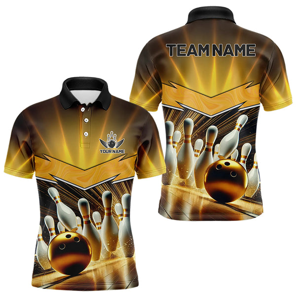 Custom Name Black And Gold Bowling Jerseys For Men, Bowling Team Polo, Quarter-Zip Shirts NQS9745