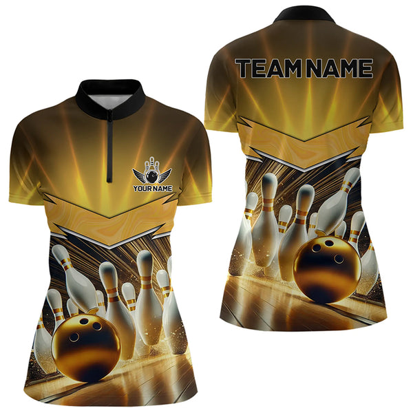 Custom Name Black And Gold Bowling Jerseys For Women, Bowling Team Polo, Quarter-Zip Shirts NQS9745