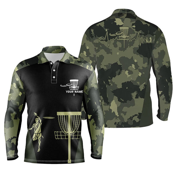 Mens disc golf polo shirt custom black camo disc golfers basket, personalized disc golf gifts NQS5314